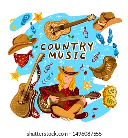 Vector hand drawn set “Country Music” with girl in a cowboy hat playing guitar plus bandana, boots, tambourine, notes, stars and feathers. For music festival banners, invitations, advertisements. 