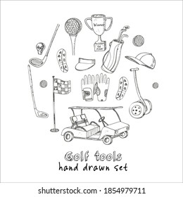 Vector hand drawn set with Golf tools. Vintage illustration for golf club identity, design, decoration, packages product and interior decorating.