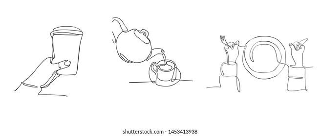 Vector hand drawn set of graphic illustration with Continuous line drawing cutlery: fork, plate, knife, Plastic cup and Tea pot and tea cup on a white background.  Simple Icon. 