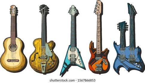 Vector hand drawn set guitars  Acoustic (classical)  semi  acoustic (archtop)   electric  bass guitar   double neck 