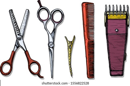 Vector hand drawn set of hairdressers professional tools. Thinning shears, hair-cutting shears, barrette alligator clips, comb, electric hair clipper