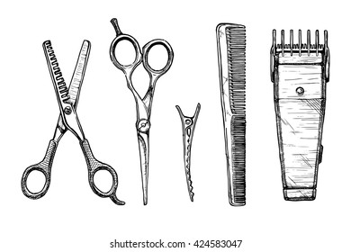 Vector hand drawn set of hairdressers professional tools. 