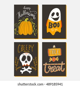 Vector hand drawn set of Halloween cards. Great template for poster,flyer,invitations.  Holiday illustrations
