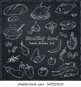 Vector hand drawn set of healthy food vegetables, fruits, meat. Vintage illustration for design menus, recipes and packages product.