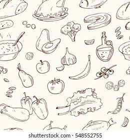 Vector hand drawn set of healthy food vegetables, fruits, meat. Vintage illustration for design menus, recipes and packages product.