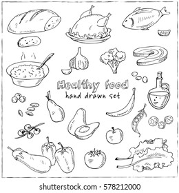Vector hand drawn set of healthy food vegetables, fruits, meat. Vintage illustration for design menus, recipes and packages product.
