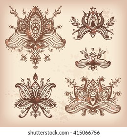 Vector hand drawn set of henna floral lotus elements based on traditional asian ornaments. Mehendi Tattoo Doodles collection, natural colors, meditation aura