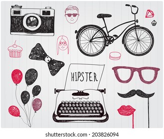 vector hand drawn set of hipster style elements, doodle vintage collection