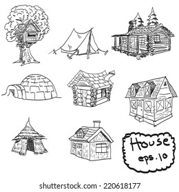 vector hand drawn set of houses, doodles