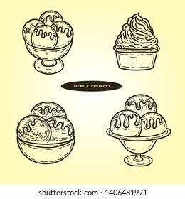 Vector hand drawn set of ice creams in the engraving vintage style.