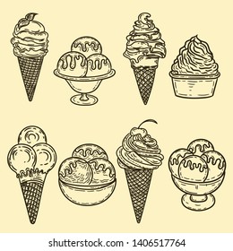 Vector hand drawn set of ice creams in the engraving vintage style.