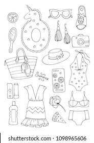 Vector hand drawn set  icons, signs summer fashion beachwear and accessories. Collection Summer elements for summer holiday and party. Set collection for design. Coloring page Isolated on white back
