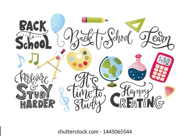 Vector hand drawn set of icons with school stationery and lettering quotes. Back to school message and flat illustrations. Cute cartoon art. Study collection.