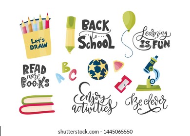 Vector hand drawn set of icons with school stationery and lettering quotes. Back to school message and flat illustrations. Cute cartoon art. Study collection.