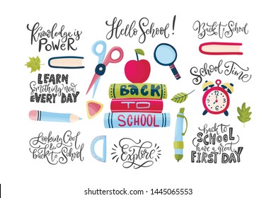 Vector Hand Drawn Set Of Icons With School Stationery And Lettering Quotes. Back To School Message And Flat Illustrations. Cute Cartoon Art. Study Collection.