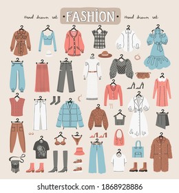 Vector hand drawn set with icons and doodles of women's clothing, accessories, footwear. Illustrations on the theme of fashion, fashion, trends, basic wardrobe. Flat art for use in design