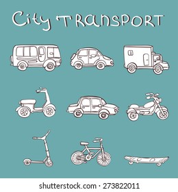 Vector hand drawn set of icons with transport. Bike, bicycle, car, truck, bus, scooter, long board.