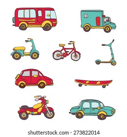 Vector Hand Drawn Set Of Icons With Transport. Bike, Bicycle, Car, Truck, Bus, Scooter, Long Board.