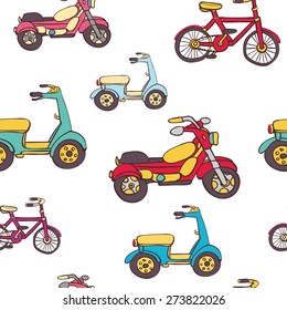 Vector hand drawn set of icons with transport. Bike, bicycle, car, truck, bus, scooter, long board.