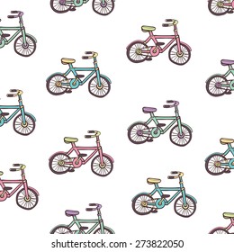 Vector hand drawn set of icons with transport. Bike, bicycle, car, truck, bus, scooter, long board.