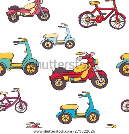 Vector hand drawn set of icons with transport. Bike, bicycle, car, truck, bus, scooter, long board.