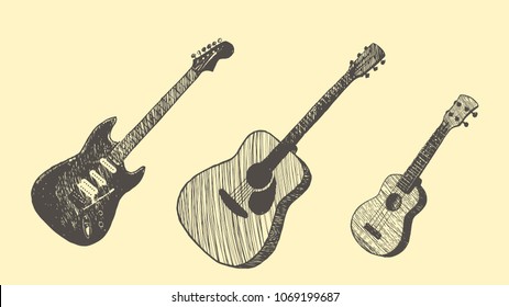 Vector hand drawn set illustration of guitar.