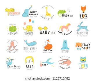 Vector hand drawn set illustration  for labels, logos and badges for  kids club, baby shop, toys shop and any other children's projects.