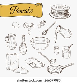 Vector hand drawn set. Illustration depicting the process of cooking pancakes. infographics about the recipe for pancakes