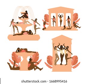 Vector  hand drawn set of  illustrations of girls in swimsuits with glazebo and fountain isolated.  Creative artwork. Template for card, poster, banner, print for t-shirt, pin, badge, patch.