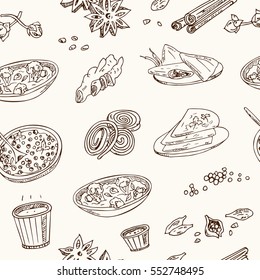 Vector hand drawn set of Indian cuisine. traditional spicy flavored dishes, desserts, beverages.