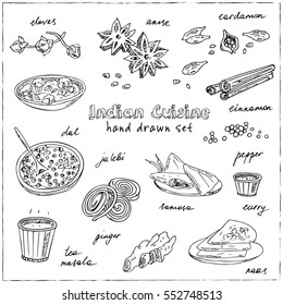 Vector hand drawn set of Indian cuisine. traditional spicy flavored dishes, desserts, beverages.