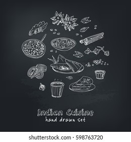 Vector hand drawn set of Indian cuisine. traditional spicy flavored dishes, desserts, beverages.Vintage illustration for design menus, recipes and packages product.