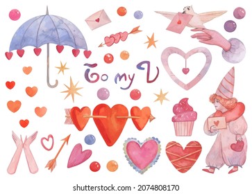 vector hand drawn set of isolated cute vintage elements: hearts and antique arrow, stars, umbrella, cupcake, confetti. Valentine's day collection. gift wrapping paper, post cards, fabric and textile