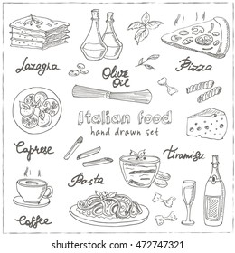 Vector hand drawn set with italian food. Vintage illustration for design menus, recipes and packages product.