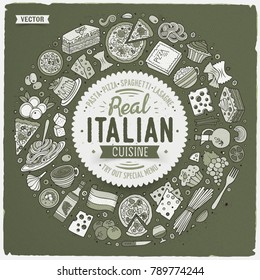 Vector hand drawn set of Italian food cartoon doodle objects, symbols and items. Round frame composition