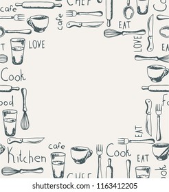 Vector hand drawn set of kitchen tools. Round frame for your design