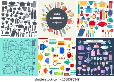 Vector hand drawn Set of Kitchenware and restaurant, glassware icon in flat design. 