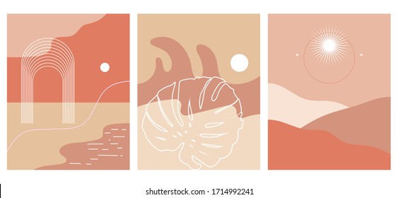 Conjunto de paisajes dibujado a mano por vectores. Ilustración creativa. Plantilla para tarjeta, afiche, banner, imprimir para t-pantalones, pin, placa, parche.