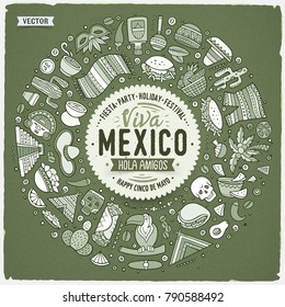Vector hand drawn set of Latin American cartoon doodle objects, symbols and items. Round frame composition