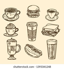 Vector hand drawn set of latte, cappuccino, burger, hamburger, hotdog, frappe, espresso americano and americano in cup for take away in the engraving vintage style.