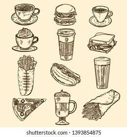 Vector hand drawn set of latte, cappuccino, burger, hamburger, hotdog, frappe, shawarma, espresso, slice of pizza, americano and americano in cup for take away in the engraving vintage style.