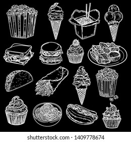 Vector hand drawn set of latte, cappuccino, burger, hamburger, hotdog, frappe, shawarma, espresso, slice of pizza, americano and americano in cup for take away on black background.