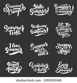 Vector hand drawn set with lettering about Summer. Isolated calligraphy for travel agency, beach party. Great design for postcard, t-shirt or poster.