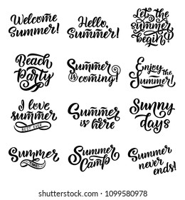 Vector hand drawn set with lettering about Summer. Isolated calligraphy for travel agency, beach party. Great design for postcard, t-shirt or poster.