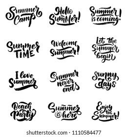 Vector hand drawn set with lettering about Summer. Isolated calligraphy for travel agency, beach party. Great design for postcard, t-shirt or poster.