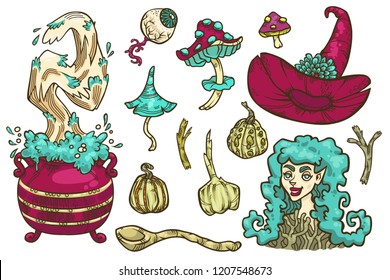 Vector hand drawn set of magic objects and young witch. Cartoon ingredients for making magic potion with boiling pot. A crooked pointed hat with a big flower.