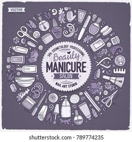 Vector hand drawn set of Manicure cartoon doodle objects, symbols and items. Round frame composition