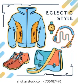Vector hand drawn set of man's or teenager autumn clothes in eclectic style, Isolated Illustration on sport and casual style with bright elements.Includes a jacket, boots, headphones, a bag, a watch.