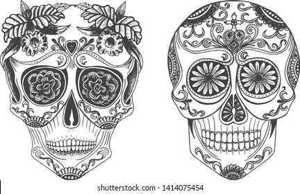 Vector Hand Drawn Set Of Mexican Spanish Calavera. Santamuerte Male And Female Sugar Skull. Isolated On White Background.