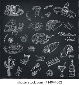 Vector hand drawn set of Mexican food: vegetables, tequila, burrito, tacos and other mexican eating.  Vintage illustration for design menus, recipes and packages product.